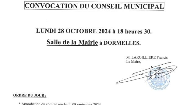 Convocation du conseil municipal le lundi 28 octobre 2024 à 18h30